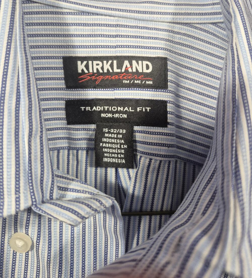 Kirkland Signature Mens Blue Striped Traditional Fit Non-Iron Dress Shirt 15 32 - Picture 2 of 5